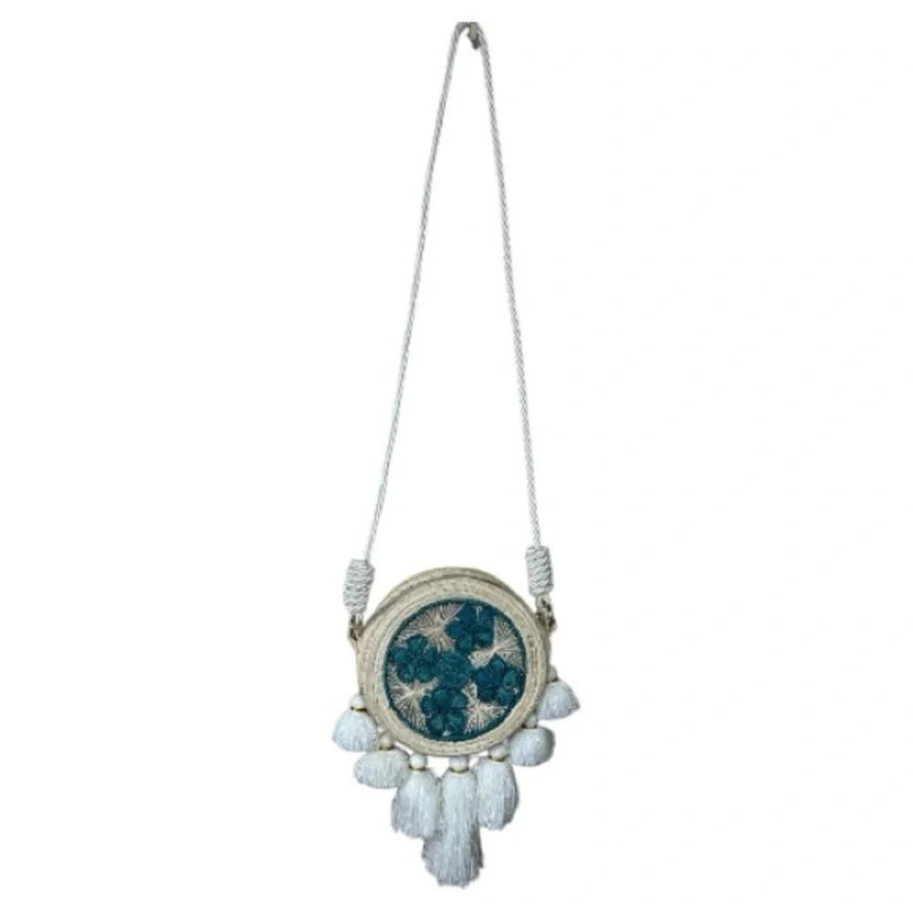 Boho Round Woven Crossbody Bag with Tassels | Teal Embroidery
